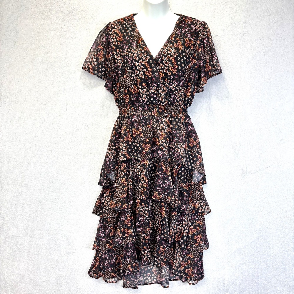 Koko + Mason Dark Floral Tiered Chiffon Midi Dress Womens Small‎ S Black Boho